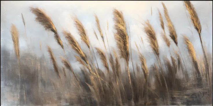 Close-up of a tall sketch with sky background, reeds, Soft tar canvas painting, phragmites, Dry grass, touch of gold leaf, brush stroke oil painting, touch of gold leaf, wind kissed picture, Soft coating, Autumn wind, Maurice Sapiro, Bull punch, Inspired b...