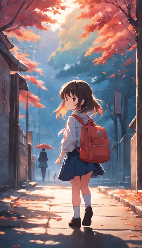 One Little Girl，Carrying a school bag，in school uniform，Greeting the rising sun，Walk towards the school