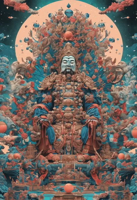 Close-up of a man holding a blue ball in a cloud, a massive celestial giant god, the god emperor of mankind, ( ( The king of artificial intelligence art ) ), emperor of the known universe, 千 葉 雄 大, god emperor, The king of artificial intelligence art, 中 国 ...