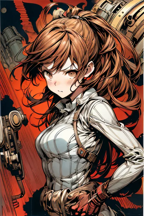 (comic book style),(linear art_Anime),(masutepiece, Best Quality, ),(Laura Bad Picture:1.2),(Lora Add Details:1.0),8K, Flat color:0.8,1girl in,steampunc、machinery background