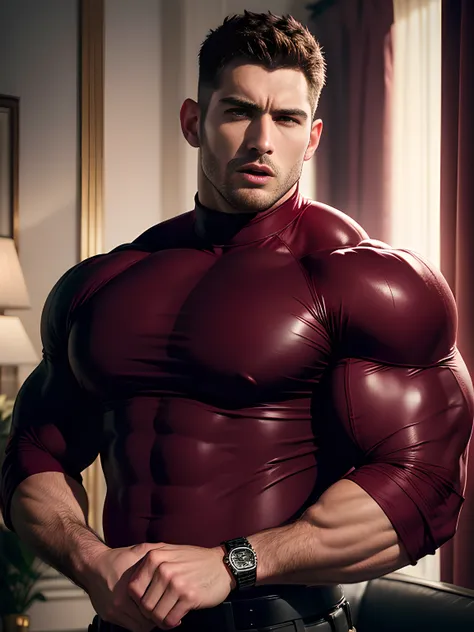 Muscular security guard with open mouth，Chris Redfield，He wears a long-sleeved turtleneck sweater，He had sad eyes in his eyes，Grievanced frown，Emerald charming eyes，Tall and burly，musculous！Tall, Burly and strong， Extremely detailed depiction of faces，Exqu...