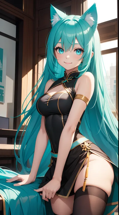 young girl, long turquoise hair, turquoise eyes, cat ears, Smile, black chinese tight top, Upskirt, Masterpiece, hiquality