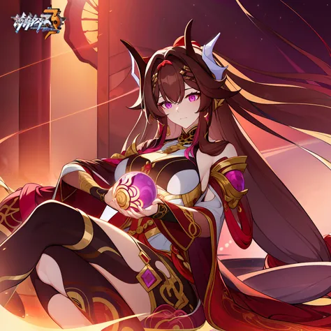 Woman, messy light brown long hair with a purple tint, dragon horns and tail, white and black Chinese dress with tight-fitting elements on her arms and legs, gold divine light, Gods gaze, a sun circle, indifferent and cold gaze, light lipstick, light eyes