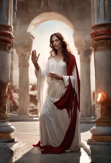 Greek goddess of hearth and fire, with ((Dark red hair)) and ((Dark red eyes)), with fair skin, Wearing a long white Greek robe and a white veil, It looks mysterious and beautiful, Inside an ancient Greek temple, "Vesta Sacred Flame", greek myth, Sacred at...