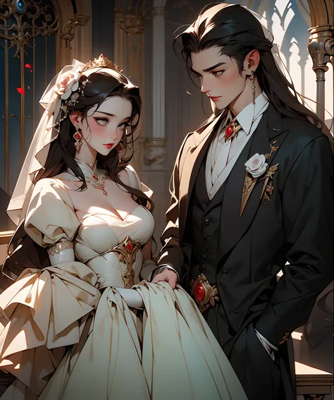 (highest quality, masterpiece), a beautiful wedding between dracula and his bride mina, baroque, gothic, elegant, perfect compos...