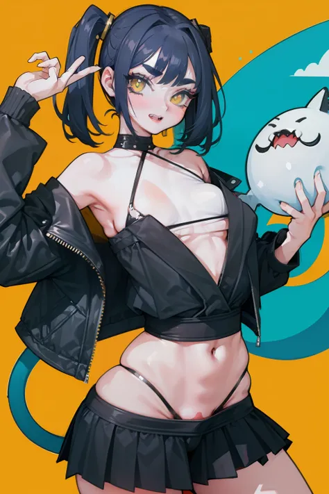 girl, Blue short hair, Half Up Pigtail, Yellow eyes, x-shaped pupils, Black shirt, Black short skirt, Thick eyebrows, shark teeth, Harness Fashion, She has a tiger tattoo on her right thigh, Big Tits, Grinning