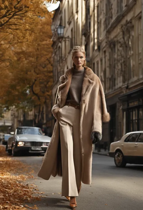 Autumn and winter catwalks，Vintage fur，Gray top with wide-leg trousers，Subtle beige tones，Inspired by Ralph Lauren