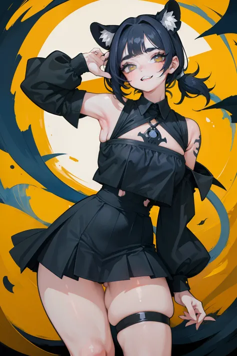 girl, Blue short hair, Half Up Pigtail, Yellow eyes, x-shaped pupils, Black shirt, Black short skirt, Thick eyebrows, shark teeth, Harness Fashion, She has a tiger tattoo on her right thigh, Big Tits, Grinning