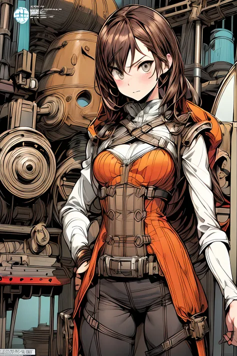 (comic book style),(linear art_Anime),(masutepiece, Best Quality, ),(Laura Bad Picture:1.2),(Lora Add Details:1.0),8K, Flat color:0.8,1girl in,steampunc、machinery background