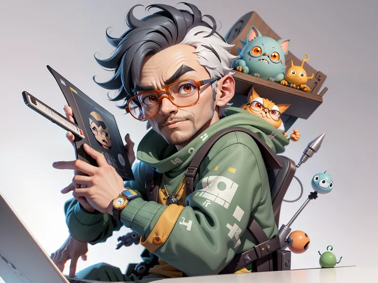 A young man with glasses sits at his desk，holding laptop，digitial painting，3D character design by Mark Clairen and Pixar and Hayao Miyazaki and Akira Toriyama，4K HD illustration，Very detailed facial features and cartoon-style visuals。