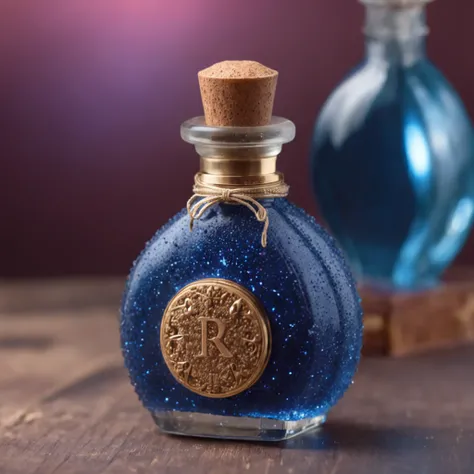 2 Sparkle, A golden potion in a crystal bottle filled with blue and red liquid, Vortexes with corks and magical energy.