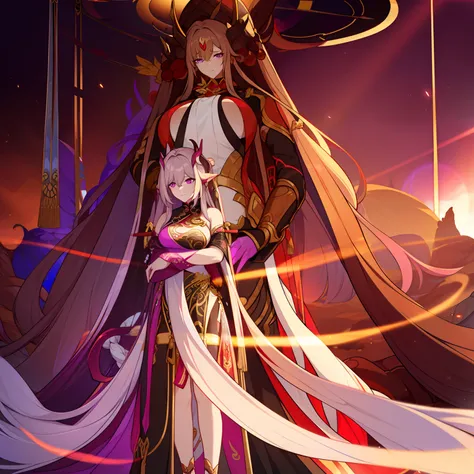 Woman, messy light brown long hair with a purple tint, dragon horns and tail, white and black Chinese dress with tight-fitting elements on her arms and legs, gold divine light, Gods gaze, a sun circle, indifferent and cold gaze, light lipstick, light eyes