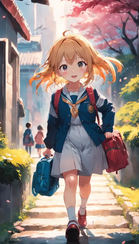 A cheerful little girl，Carrying a school bag，Hold the strap of your bag with both hands，in school uniform，Greeting the rising sun，Walk towards the school