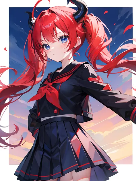 red hair, blue eyes, twintails, Sailor suit,black coat, Pleated skirt,solo,loli,cute,bow,Dragon horns