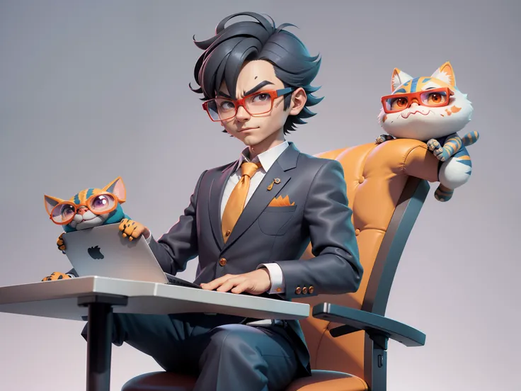 A young man in a suit, Short hair and glasses sat at his desk，holding laptop，digitial painting，tigre，3D character design by Mark Clairen and Pixar and Hayao Miyazaki and Akira Toriyama，4K HD illustration，Very detailed facial features and cartoon-style visu...