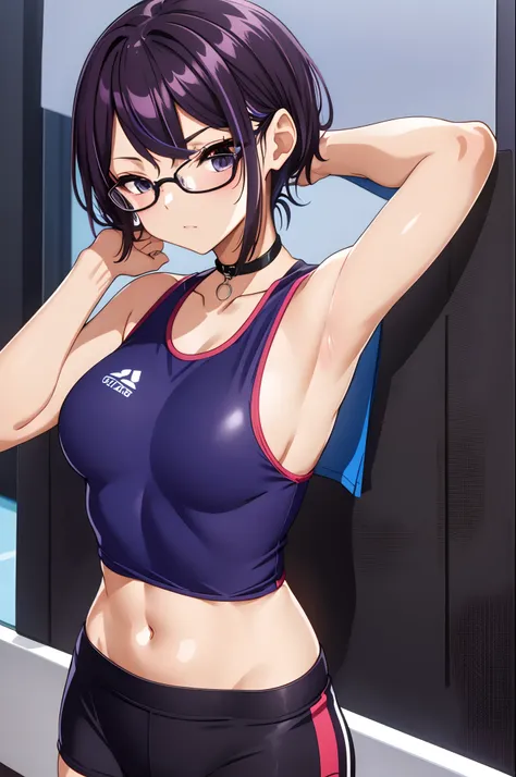 kanzaki rin, sport wear, (sleeveless), (detached sleeves), black-framed eyewear, Navel (presenting armpit), arms behind head, hands behind head, arms raised, hands in pockets, standing, (simple background)