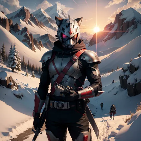 Kamen Rider，snow mountains，the setting sun，wolf pack，Combat，katana swords，The gun is pointed at himself，bleed，Giant sun，Gas masks，Purple stripes，A whole block of goggles