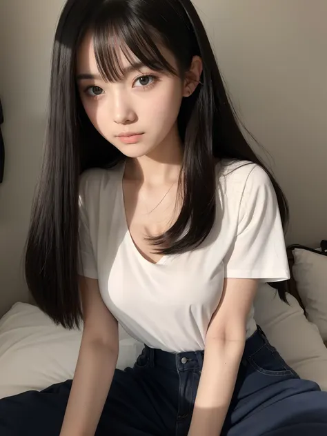 a 18 year old girl、cute  face、Black and beautiful straight hair