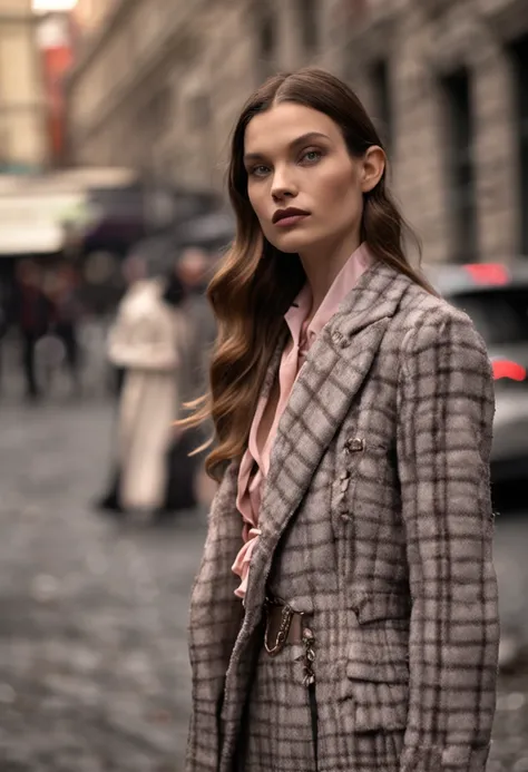 Autumn and winter catwalks，Vintage fur vest，Gray checked suit，Chiffon ruffled pink sequin maxi dress，flowing shimmering fabrics，Gray top with wide-leg trousers，Subtle beige tones，Inspired by Ralph Lauren