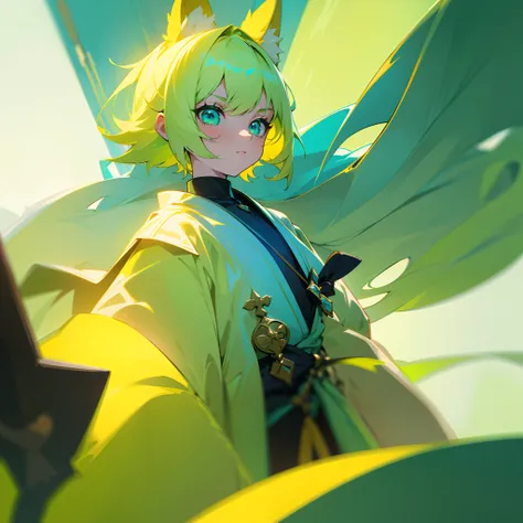 {{Best quality}}, {{Masterpiece}}, {{super ultra detail}}, {{illustration}}, {{Detailed light}}, one-girl，Lime yellow hair，O cabelo multicolorido, Turquoise eyes, Loli style,( beast ear)，The robes of the priests，green color，(Dynamic lighting:1.2)，