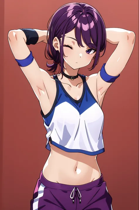 kanzaki rin, gym clothes, (sleeveless), (detached sleeves), Navel (presenting armpit), arms behind head, hands behind head, arms raised, hands in pockets, standing, (simple background), one eye closed, (tying hair), open mounth