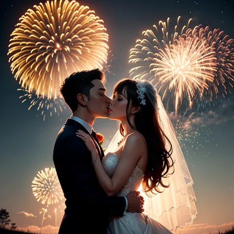 bride and groom silhouette, kissing under the moon light, with fireworks on sky, masterpiece photographed, best quality, 8k, cg render