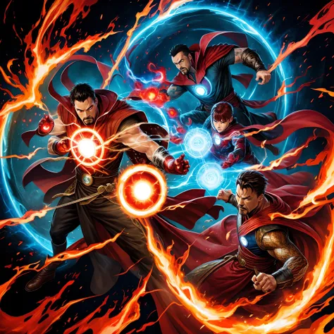 a cool  fighting of Dr. Strange and ironman, red flaming eye, surrounded by a swirling vortex of magical energy , flat illustration , ink paint, splash, a smock dragon in background, wallpaper