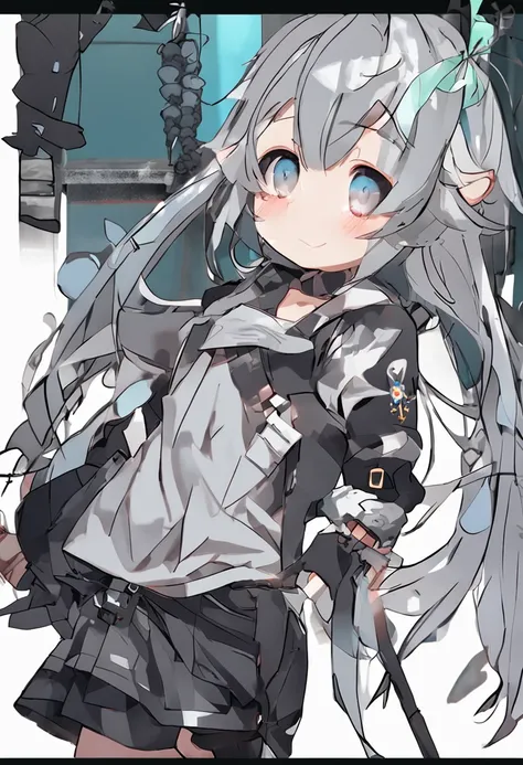 (独奏、Chibi、full body Esbian、Silvery medium hair、 Hide the right eye with hair、Silver short thick eyebrows)、 Green left eye、 blue  right eye、 greybackground、 Sister、Sleeveless、 kawaii、A smile、