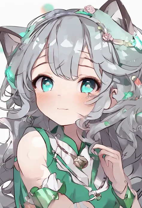 (独奏、Chibi、full body Esbian、Silvery medium hair、 Hide the right eye with hair、Silver short thick eyebrows)、 Green left eye、 blue  right eye、 greybackground、 Sister、Sleeveless、 kawaii、A smile、