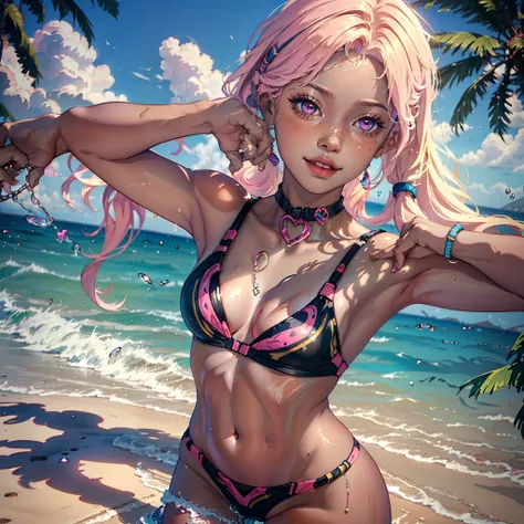 ((1 girl)), (masterpiece),  darkskin++, tan++, mocha skin++, dynamic posing++, bathing suits++, tropical,nsfw+++, pigtails++,sexy ++, 1 girl+, pink eyes++, juicy lips++, full lips++, hearts++, ,long blonde hair with blue highlights with dark skin+++, honey...