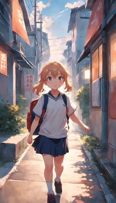 A cheerful little girl，Carrying a school bag，Hold the strap of your bag with both hands，Wear a white top, dark sweatpants, and a school uniform，Greeting the rising sun，Walk towards the school