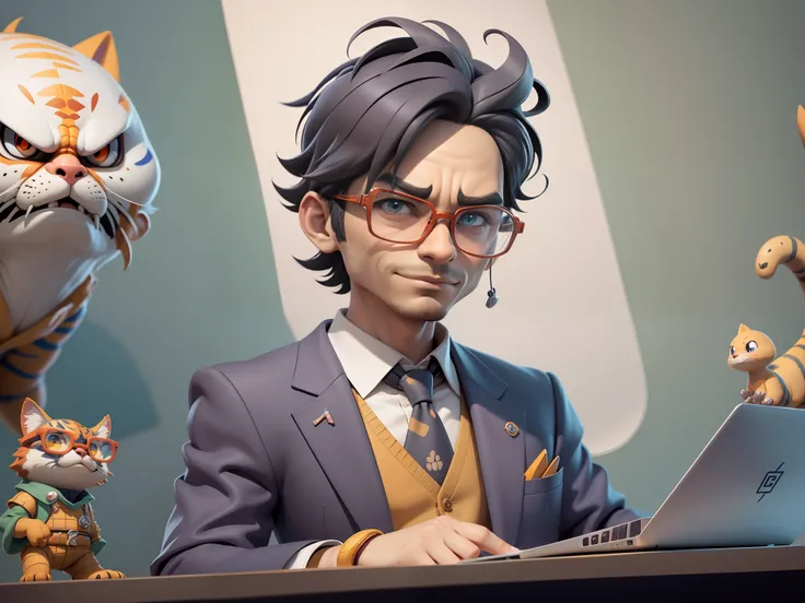 A young man in a suit, Short hair and glasses sat at his desk，holding laptop，digitial painting，tigre，3D character design by Mark Clairen and Pixar and Hayao Miyazaki and Akira Toriyama，4K HD illustration，Very detailed facial features and cartoon-style visu...