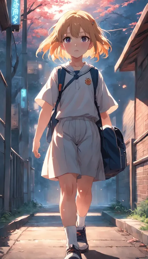 A cheerful little girl，Carrying a school bag，Hold the strap of your bag with both hands，Wear a white top, dark sweatpants, and a school uniform，Greeting the rising sun，Walk towards the school gate