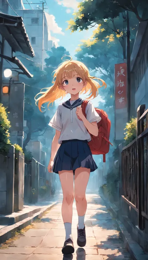 A cheerful little girl，Carrying a school bag，Hold the strap of your bag with both hands，Wear a white top, dark sweatpants, and a school uniform，Greeting the rising sun，Walk towards the school gate