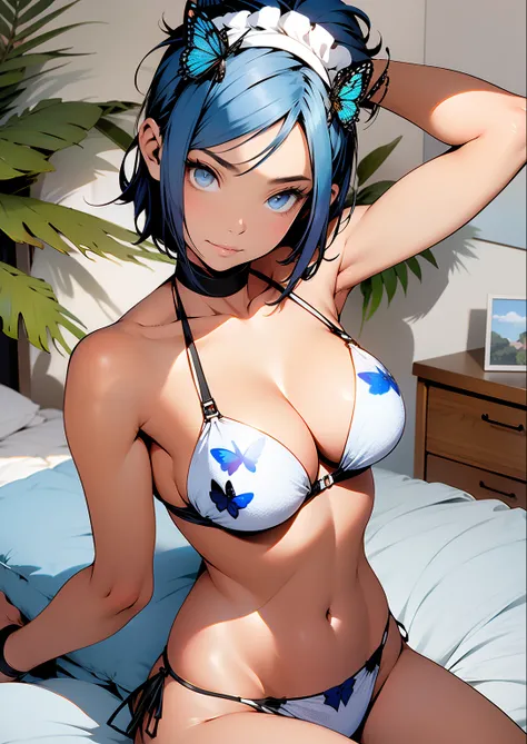 (())araffed remrezero in a butterfly print bikini sitting on a bed, beautiful body and face, beautiful upper body, shes on my bed in bikini, better known as eula from genshin impact, short blue hair, hair ornament, maid bikini, attractive body, beautiful b...