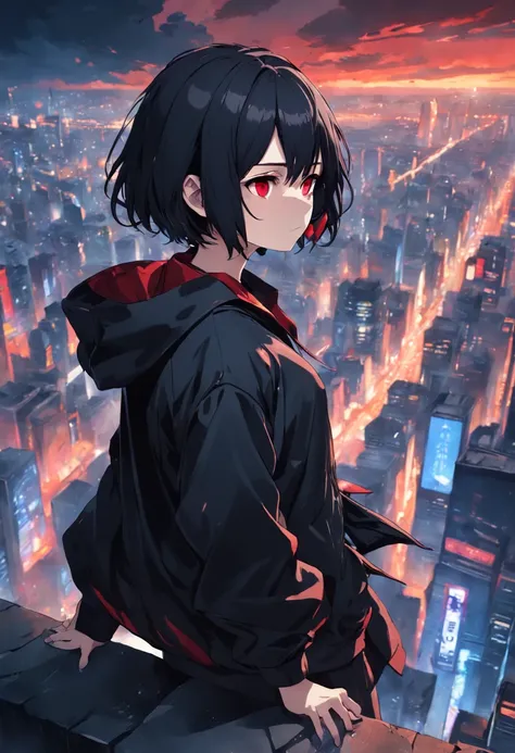 short-hair,A dark-haired,red eyes,Black oversized jacket,Perched on the edge,Girl looking down from above