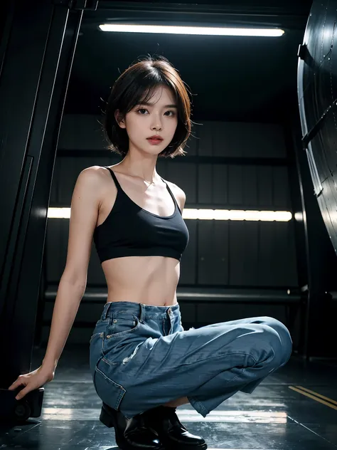 ((smallunderboob,Tomboyish,small heads)), (Well-defined abs: 1.1), (perfect bodies: 1.1), (short-length straighthair: 1.2), Black hair, upper body photos,，（极其细致的CG 8k壁纸），（Extremely refined and beautiful），（tmasterpiece），（best qualtiy：1.0），（超高分辨率：1.0），beauti...