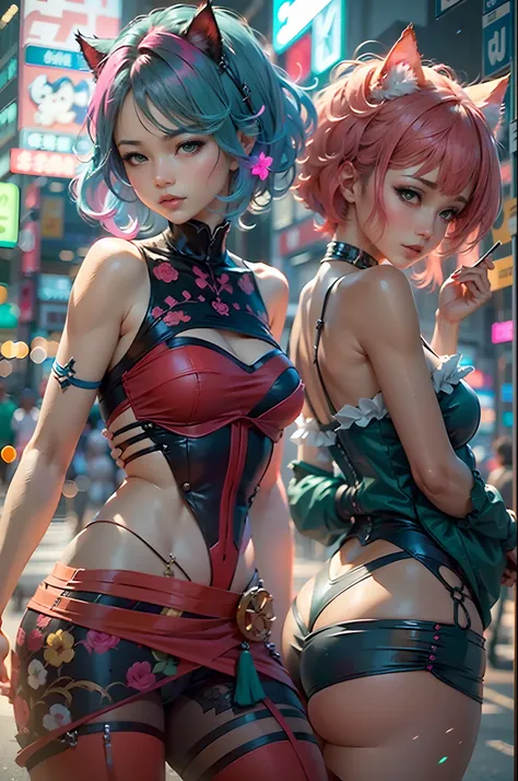 anime - style image of two women with pink and blue hair smal booty dressed in red and blue corset,  pose in Akihabara at night  for a foto shooting, wlop and sakimichan, attractive cat girl, artwork in the style of guweiz, fantasy art style, 2. 5 d cgi an...