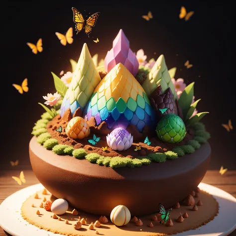 fanciful，。.。.3D，Anthill cake made from colorful dragon eggshells，Colorful crystal dragon，It is surrounded by butterflies and flowers