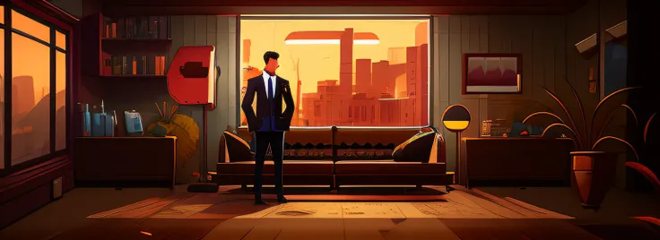 there is a man standing in a living room with a couch, background artwork, interior background art, game illustration, background art, detailed 2d illustration, flat illustration, in style of digital illustration, stylized digital illustration, 8 k cartoon...