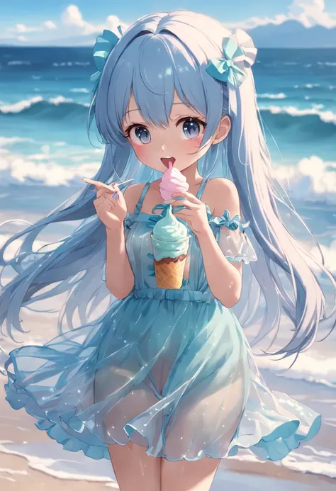 Cute loli standing on the beach，Eating ice cream，Wear a long transparent dress