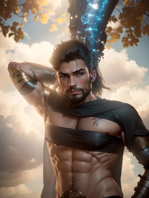 ((best quality)), detailed, ((attractive, but tasteful))warrior man, wearing Victorian-era armor,, ((fantastic pose)), ((flexed body)), ((a touch of sensuality)),((background: a sky full of clouds)), ((discreet lighting)).