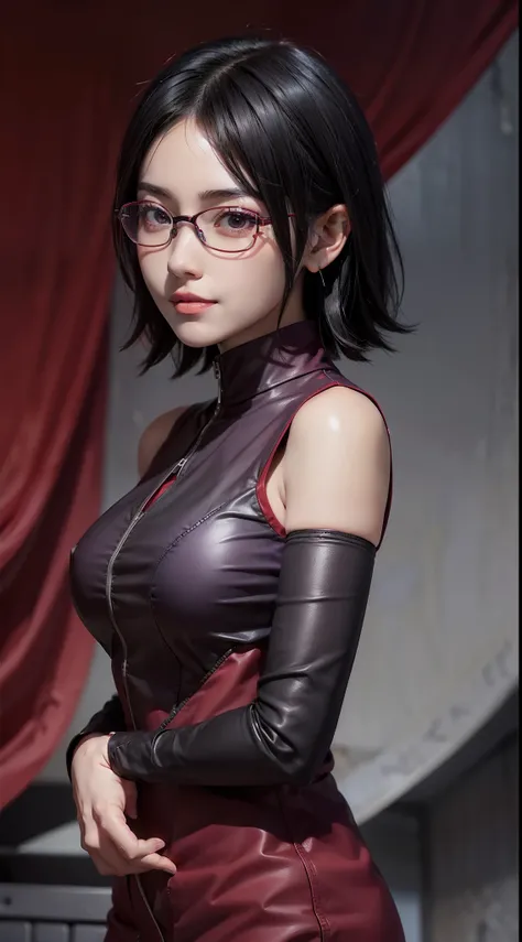 1girl, uchiha sarada in anime boruto, short hair, black hair, brown eyes, wearing red glasses, smile, beautiful, sexy clothes, sexy dress, black clothes, very big breast, realistic clothes, purple clothes, outdoor background, ultra detail, realistic