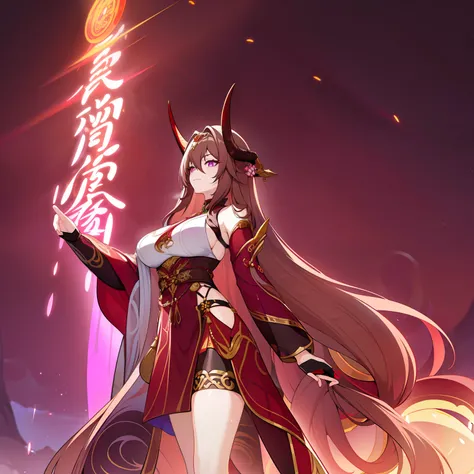 Woman, messy light brown long hair with a purple tint, dragon horns and tail, white and black Chinese dress with tight-fitting elements on her arms and legs, gold divine light, Gods gaze, a sun circle, indifferent and cold gaze, light lipstick, light eyes