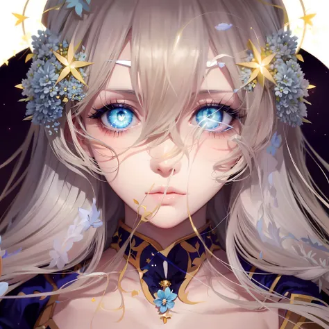 Anime girl with blue eyes and blonde hair，There are stars in the hair, Detailed digital anime art, Stunning anime face portrait, detailed portrait of an anime girl, detailed anime art, a beautiful anime portrait, 8K high quality detailed art, Digital anime...