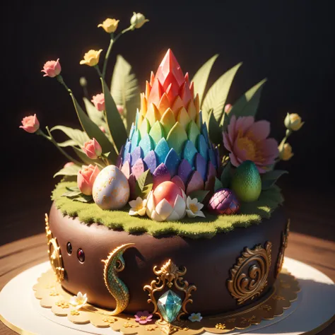 fanciful，。.。.。.。.3D，A cake made from colorful dragon eggshells，Colorful crystal dragon，It is surrounded by water-fed fruits and flowers