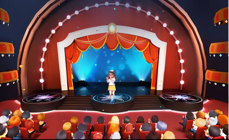 The beautiful face of the girl in the middle of the stage，Big round eyes，pink face，The expression is beautiful and cute ，。.。.3D Pixar animation style，tmasterpiece， best qualityer, ultra - detailed, Lori blonde girl, The smile is bright，long  skirt, full bo...