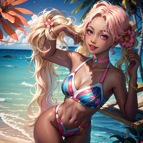 ((1 girl)), (masterpiece), (mocha skin), dynamic posing++, bathing suit, tropical, nsfw+++, pigtails++,sexy, 1 girl+, pink eyes++, juicy lips++, full lips++, hearts++, ,long blonde hair with blue highlights with dark skin+++, honey eyes++, galaxy eyes++, b...