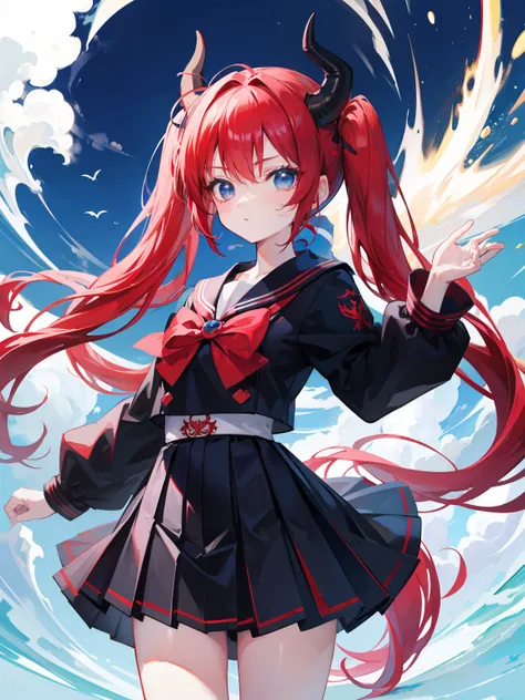 red hair, blue eyes, twintails, Sailor suit,black coat, Pleated skirt,solo,loli,cute,bow,Dragon horns