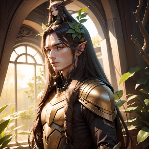 ent , plant , humanoid , male , long hair , orchid on the head , Armor